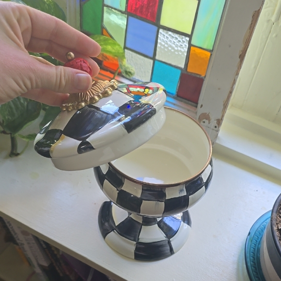 Checkered Pedestal Jar with Red Accent - Picture 3 of 4